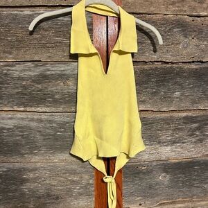 Dreamers Soft Yellow Knit Top Tied Back Collared Size L